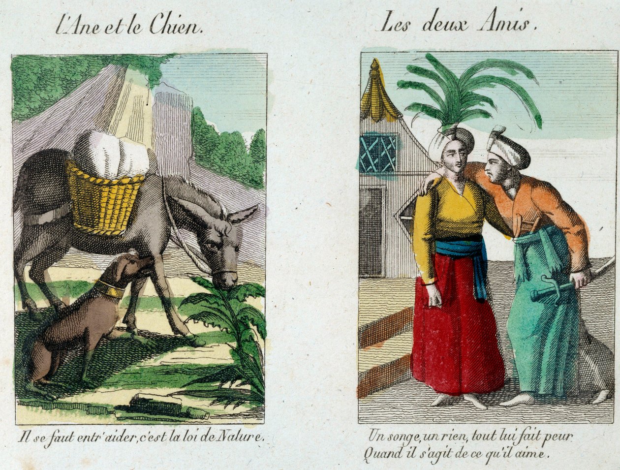 Illusztráció Jean de la Fontaine (1621-1695) meséihez: balra „” A szamár és a kutya””” jobbra „” Les deux amis””” Metszet a XIX. Musee La Fontaine, Chateau Thierry alkotó: French School
