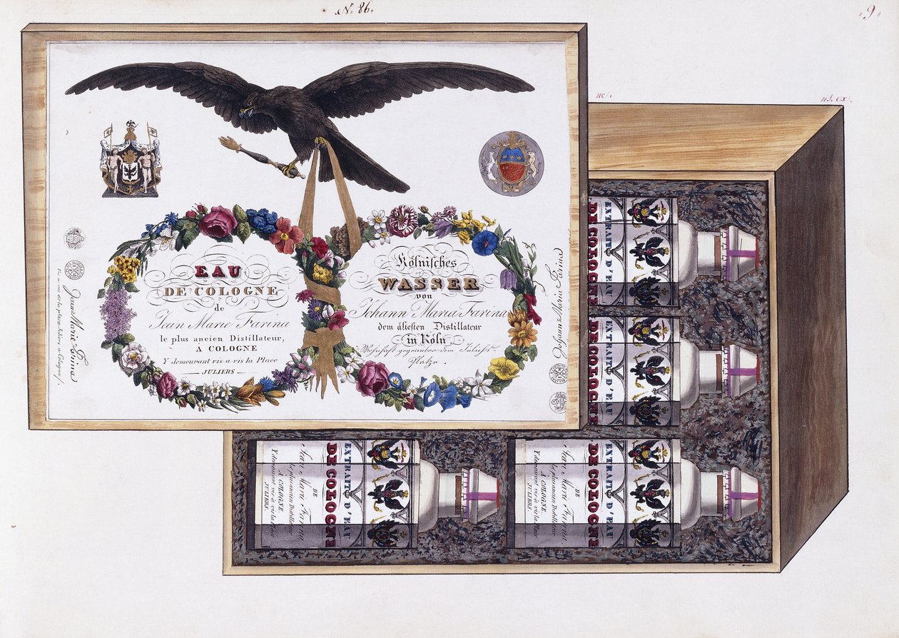 Illusztráció az eau de Cologne csomagolásához, 1825 körül (akvarell és testfesték) alkotó: French School