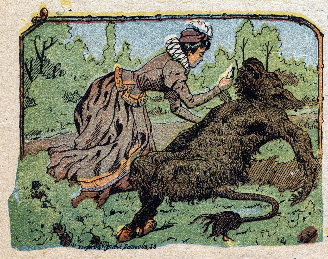 Illusztráció a „Szépség és a Bete” című meséhez: a szépség újraélesztette a bétát, aki elájult a fájdalomtól, amikor nem volt hajlandó házasságot ajánlani. Quinn-képek metszete, 1890 körül. alkotó: French School