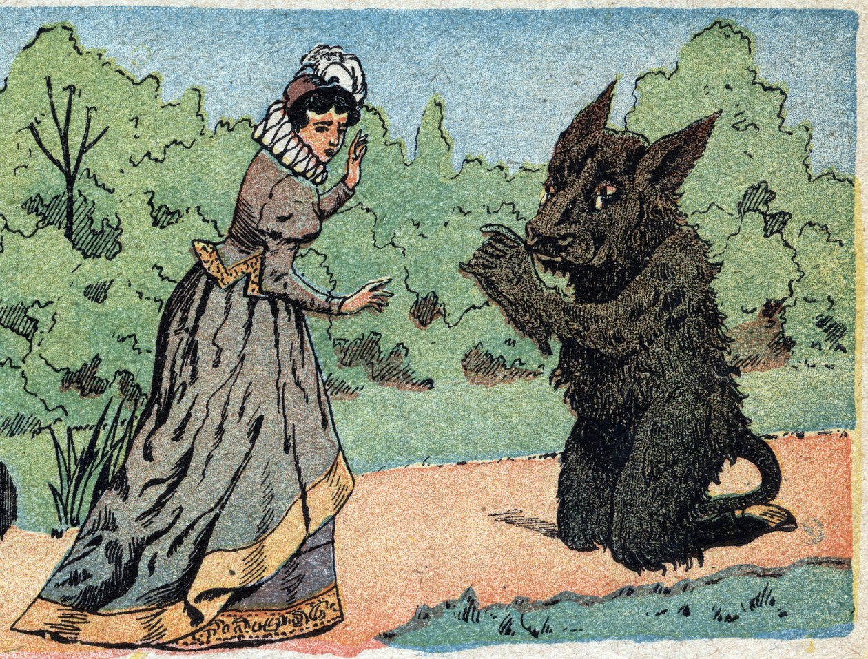 Illusztráció a „Szépség és a Béta” című meséhez: a béta megkérdezi a szépet, ki hirtelen megijed. Quinn-képek metszete, 1890 körül. alkotó: French School