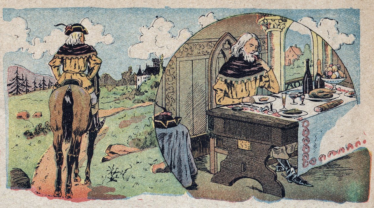 Illusztráció a „Szépség és a Bete” című meséhez: a kereskedő elveszett az erdőben – miután belépett egy ebédlőbe. Quinn-képek metszete, 1890 körül. alkotó: French School