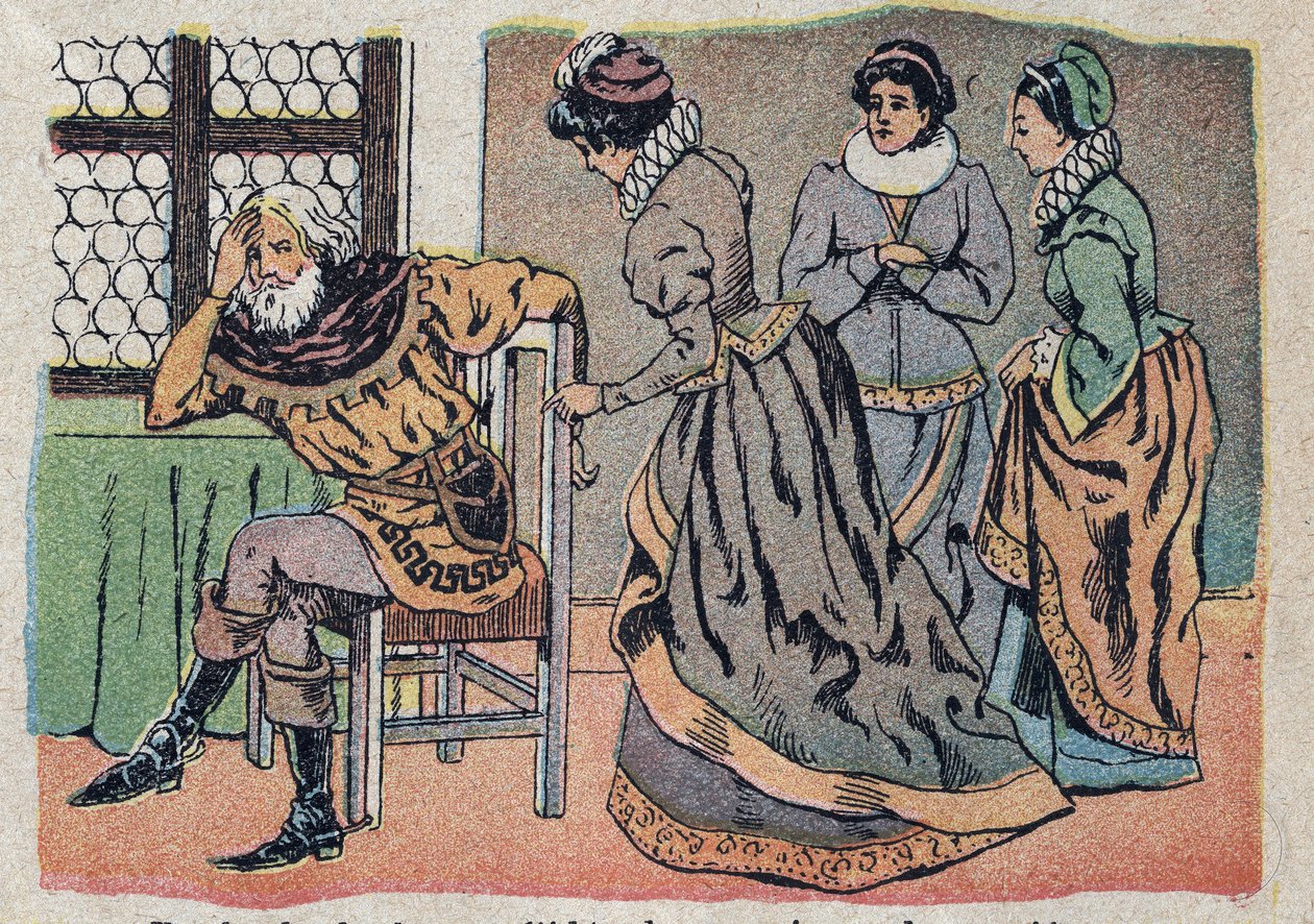 Illusztráció a „Szépség és a Bete” című meséhez: a kereskedő elveszett a fájdalomtól. Quinn-képek metszete, 1890 körül. alkotó: French School