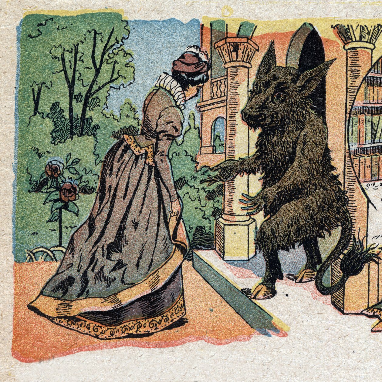 Illusztráció a „La Belle et la Bete” című meséhez: a szép megérkezik a Béta kastélyába. Quinn-képek metszete, 1890 körül. alkotó: French School