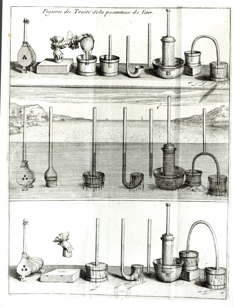 Illusztráció Blaise Pascal (1623-62) 1663 utáni traktátusából a levegő gravitációjáról alkotó: French School