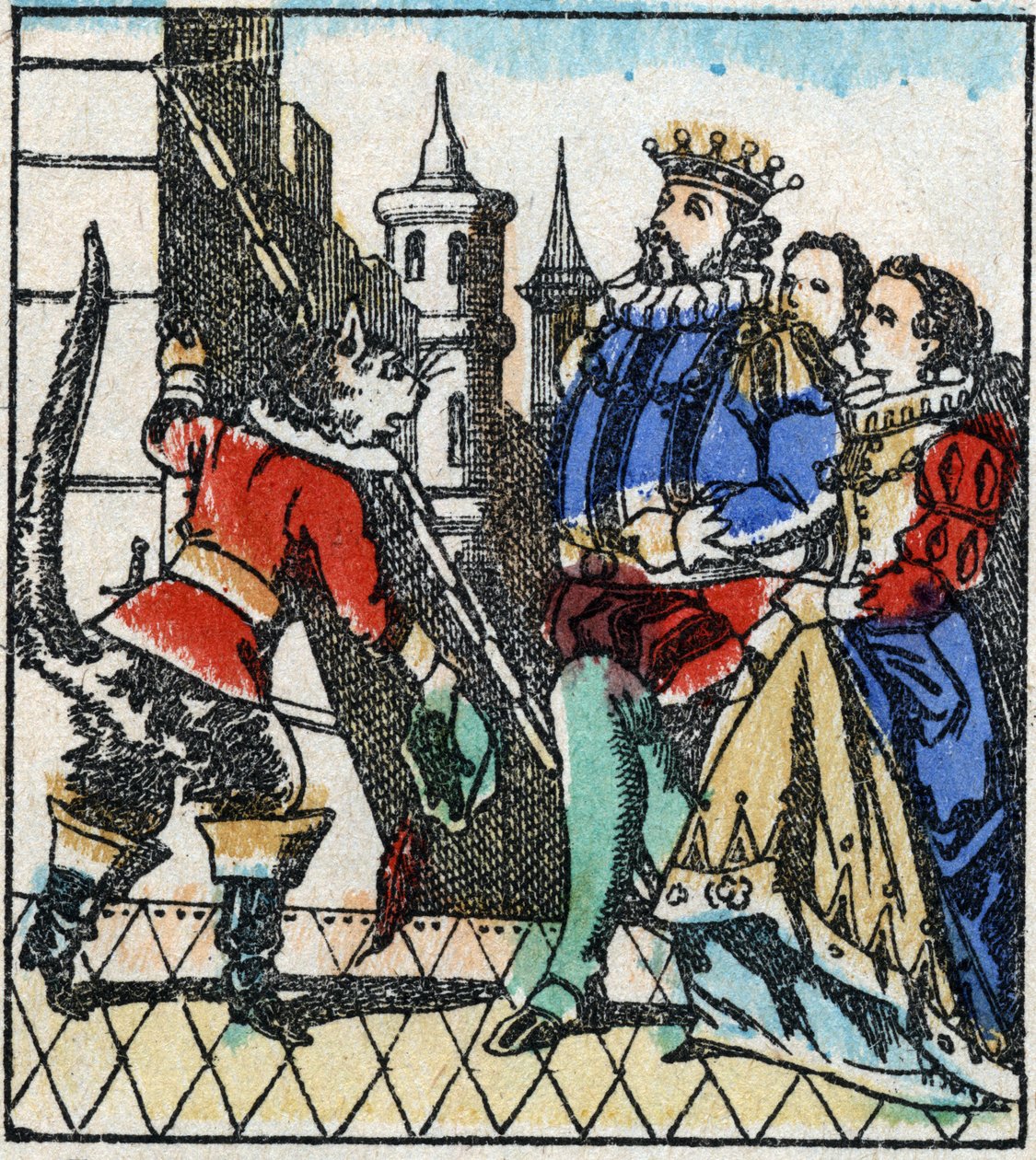 Illusztráció Charles Perrault „The Cat Botte” című meséjéről. Imaging Pellerin fametszete - Epinal, sd. 19. század vége. alkotó: French School