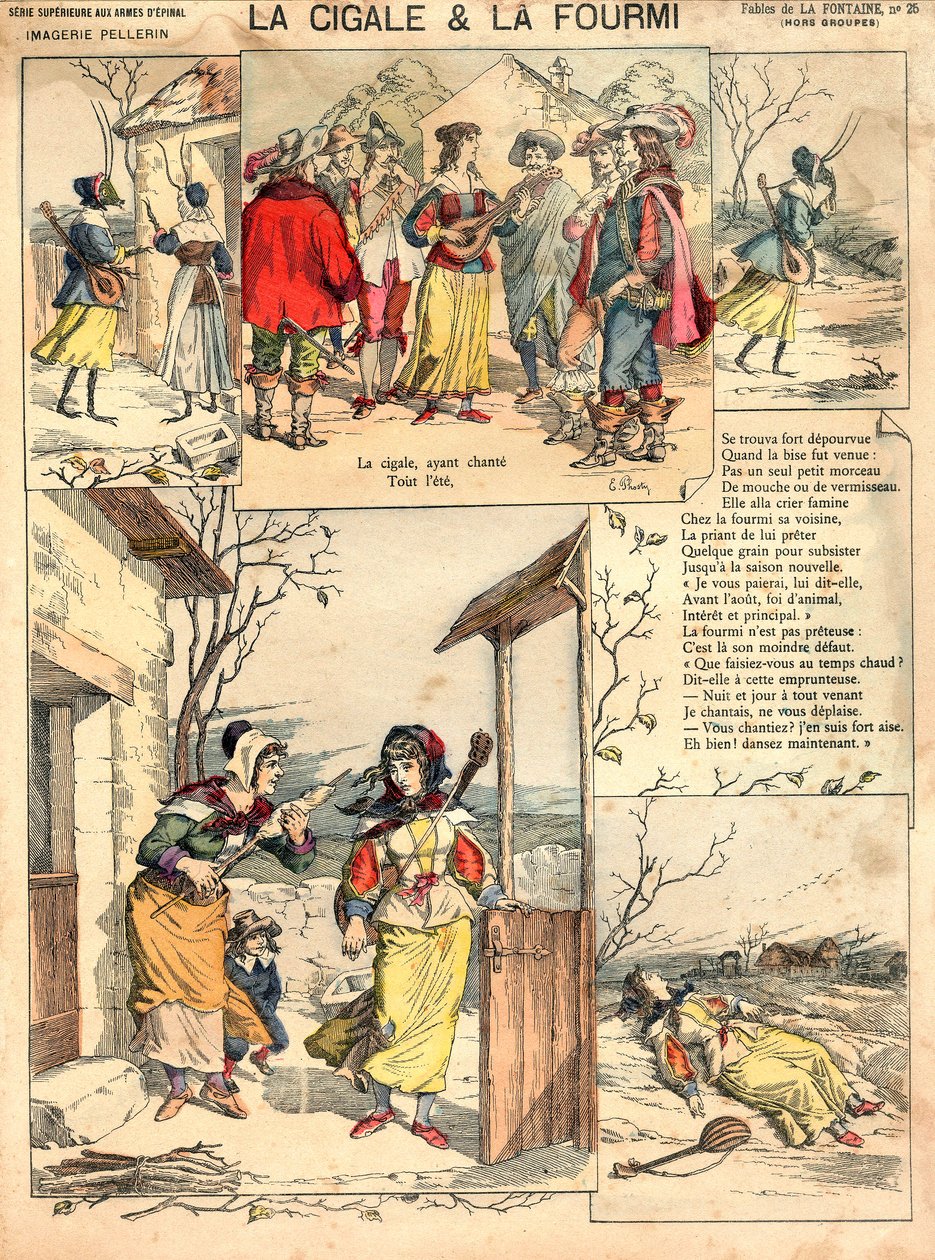 Illusztráció La Fontaine A kabóca és a hangya című meséjéhez, metszet, 1890 körül. alkotó: French School