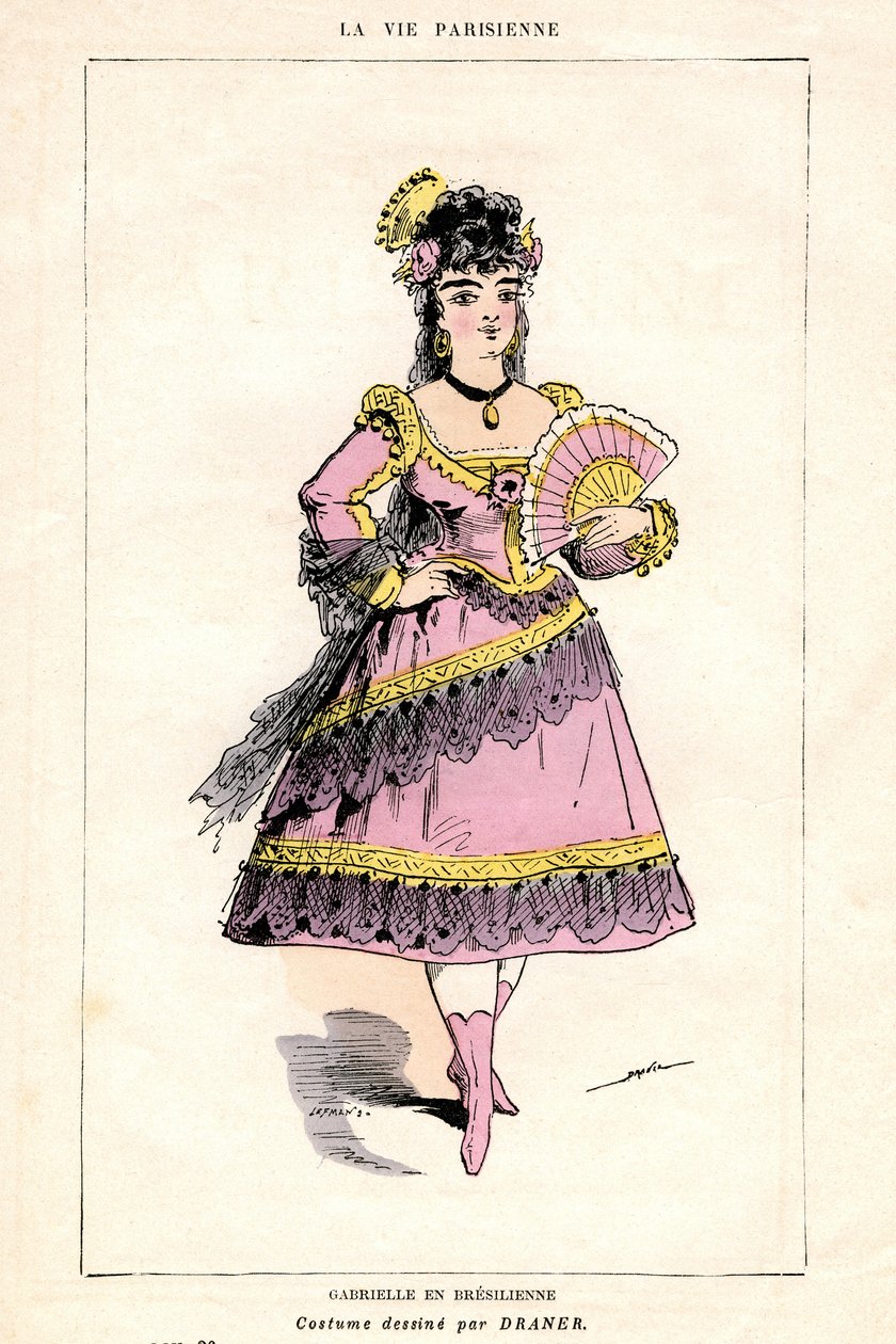 Illusztráció Jacques Offenbach "La Vie Parisienne" című darabjához és operájához (opera-food) Ludovic Halevy és Henri (Henry) Meilhac librettójára, könyvkiadás az Illustree Könyvesboltban 1875 - Gabrielle in Bresilienne: Draner (1833-1926) által rajzolt je alkotó: French School