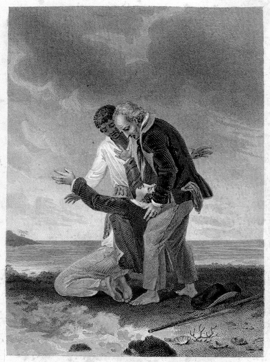 „Paul és Virginia” illusztrációja: Pál a tenger előtt. Roman Henri Bernardin de Saint Pierre (Saint-Pierre vagy St-Pierre), francia író (1737-1814) műve. alkotó: French School