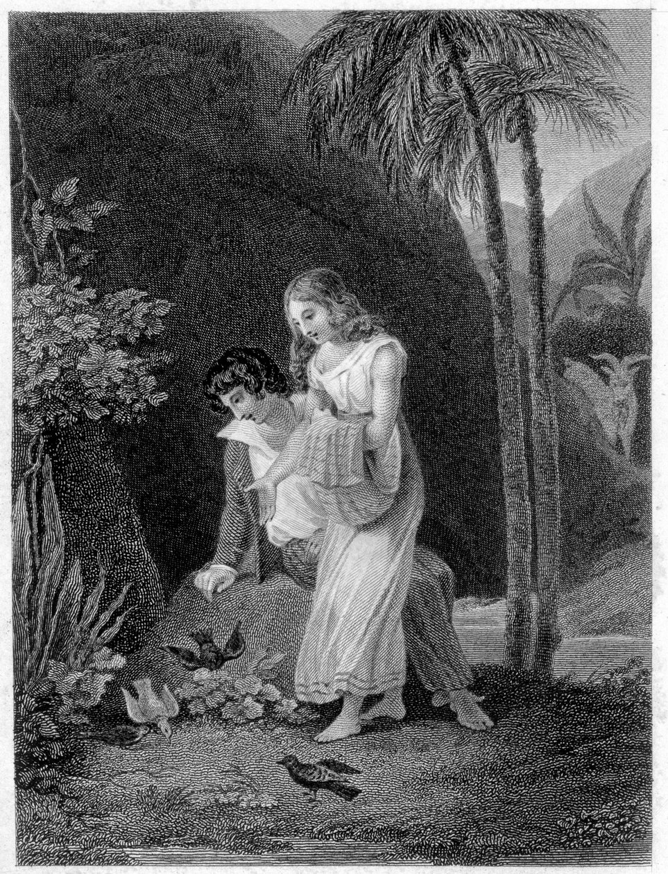 „Paul és Virginia” illusztrációja”. Roman Henri Bernardin de Saint Pierre (Saint-Pierre vagy St-Pierre), francia író (1737-1814) műve. alkotó: French School