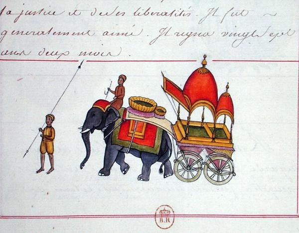 Szekeret húzó elefánt illusztrációja, 19. század eleje (papír) alkotó: French School
