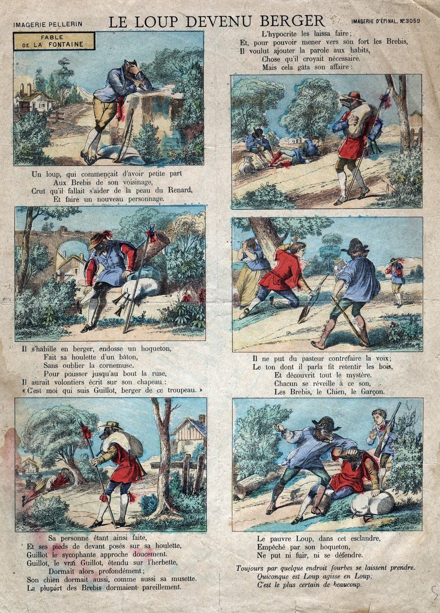 Jean de la Fontaine (1621-1695) meséjének illusztrációja: a farkasból pásztor lett. Epinális képalkotás a 19. század végén. alkotó: French School