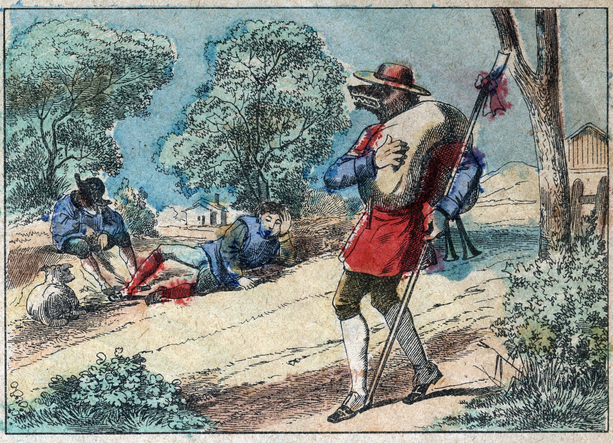 Jean de la Fontaine (1621-1695) meséjének illusztrációja: a farkasból pásztor lett. Epinális képalkotás a 19. század végén. alkotó: French School