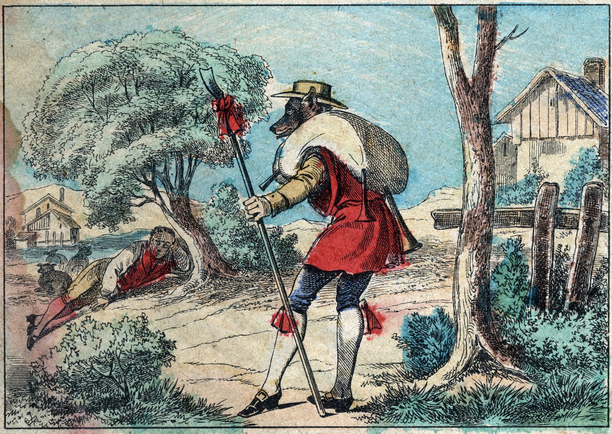 Jean de la Fontaine (1621-1695) meséjének illusztrációja: a farkasból pásztor lett. Epinális képalkotás a 19. század végén. alkotó: French School