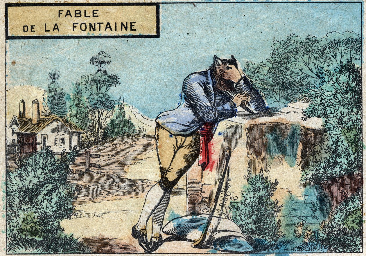 Jean de la Fontaine (1621-1695) meséjének illusztrációja: a farkasból pásztor lett. A 19. század végi epinális képalkotás. alkotó: French School