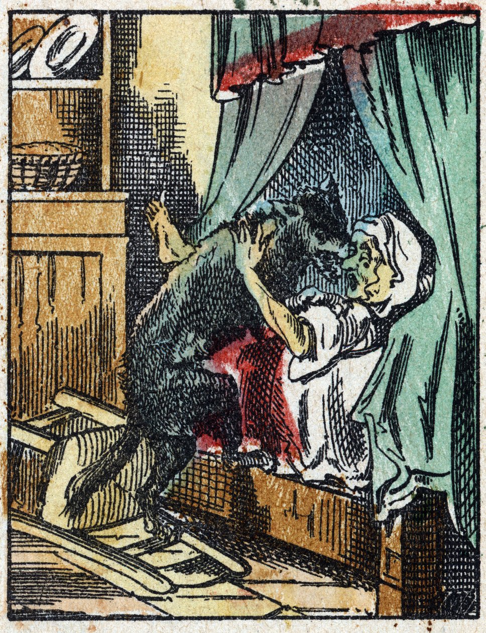 Illusztráció Charles Perrault „A Piroska” című meséjéhez. Fametszet az Imaging Pellerin-től - Epinal, sd. 19. század vége. alkotó: French School