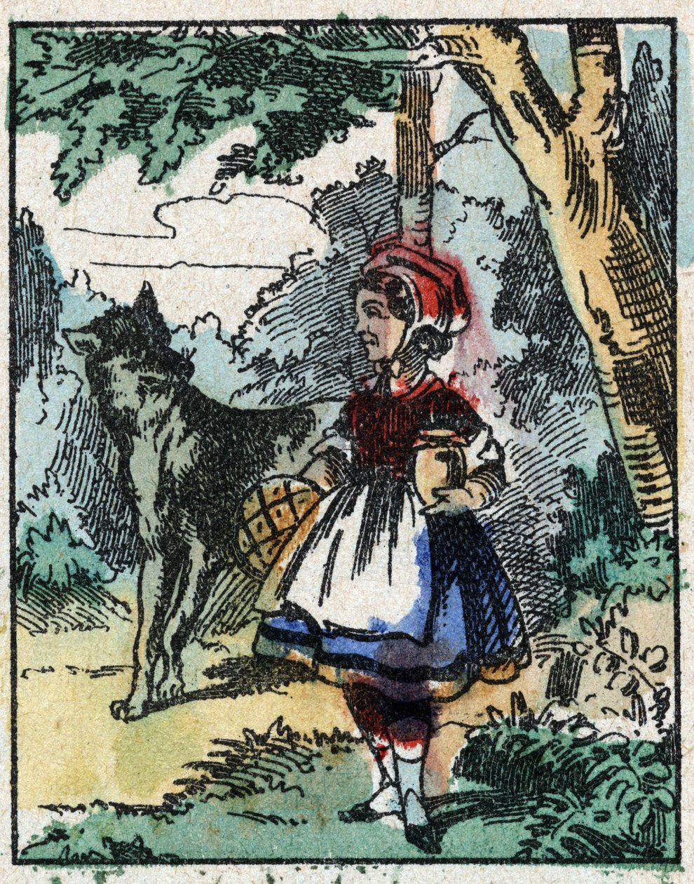 Illusztráció Charles Perrault „A Piroska” című meséjéhez. Fametszet az Imaging Pellerin-től - Epinal, sd. 19. század vége. alkotó: French School
