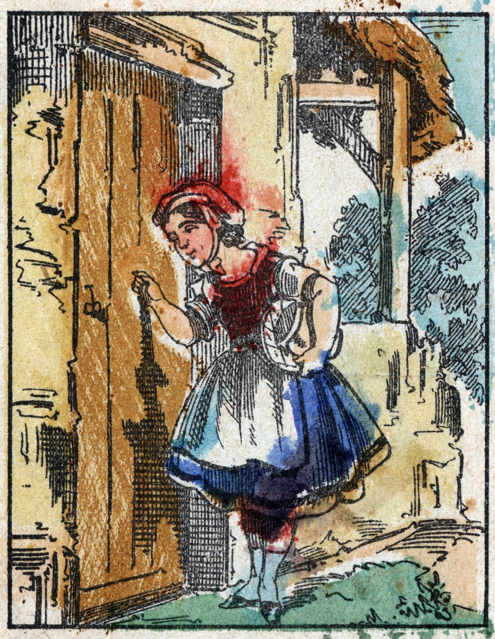 Illusztráció Charles Perrault „A Piroska” című meséjéhez. Fametszet az Imaging Pellerin-től - Epinal, sd. 19. század vége. alkotó: French School