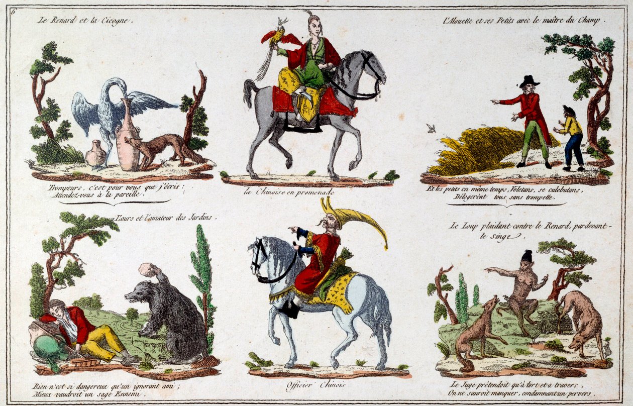 Illusztrációs tábla Jean de La Fontaine (1621-1695) meséihez: a róka és a gólya, a kínai sétáló, a medve és a kert szerelmese, a kínai tiszt. Metszés alkotó: French School