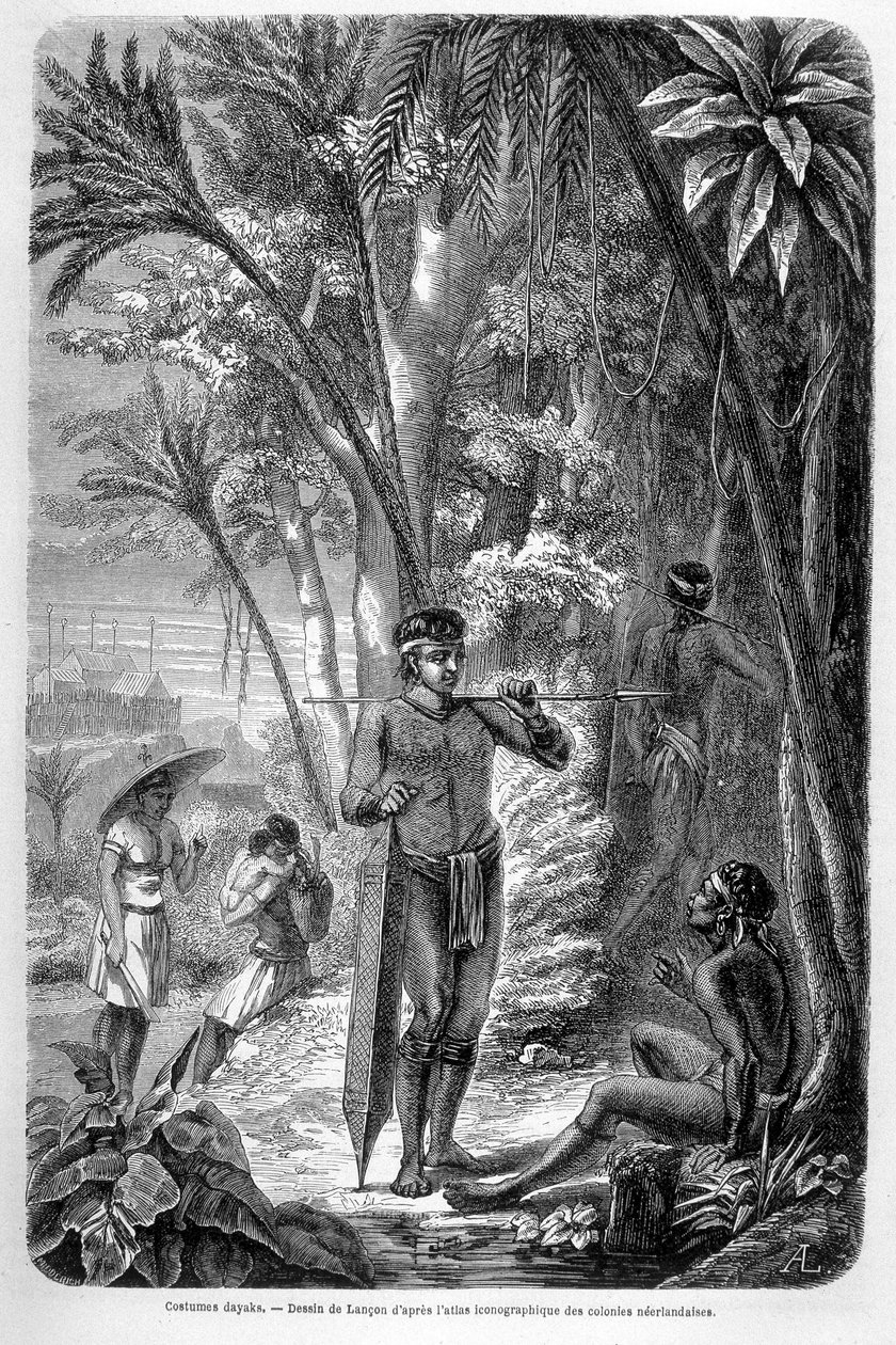 A "Le Tour du monde" 1862-es kiadásában megjelent illusztráció, amely egy Borneó szigetén élő dayakot ábrázol. Metszet. alkotó: French School