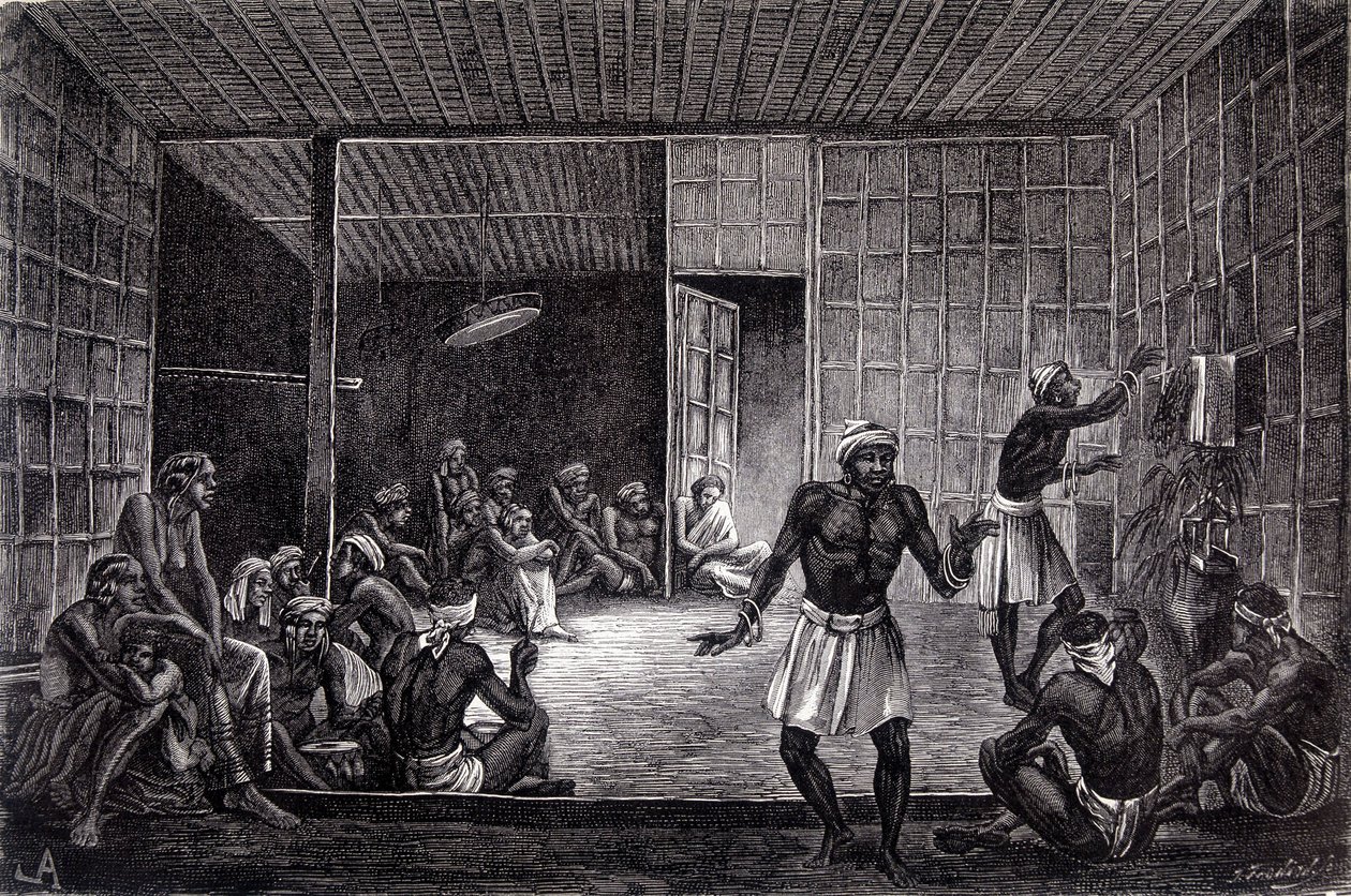 A „Le Tour du monde” 1862-es kiadásában megjelent illusztráció, amely a dayakok által Borneó szigetén gyakorolt ördögűzést ábrázolja. Metszés. alkotó: French School