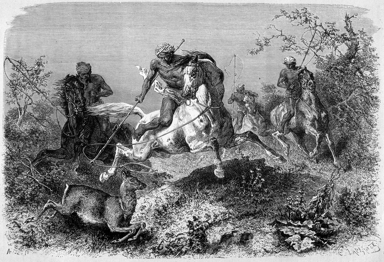 A „Le Tour du monde” 1870-1871-es kiadásában megjelent illusztráció, amely egy dyákot ábrázol, aki Borneó szigetén vadászik. Metszés. alkotó: French School