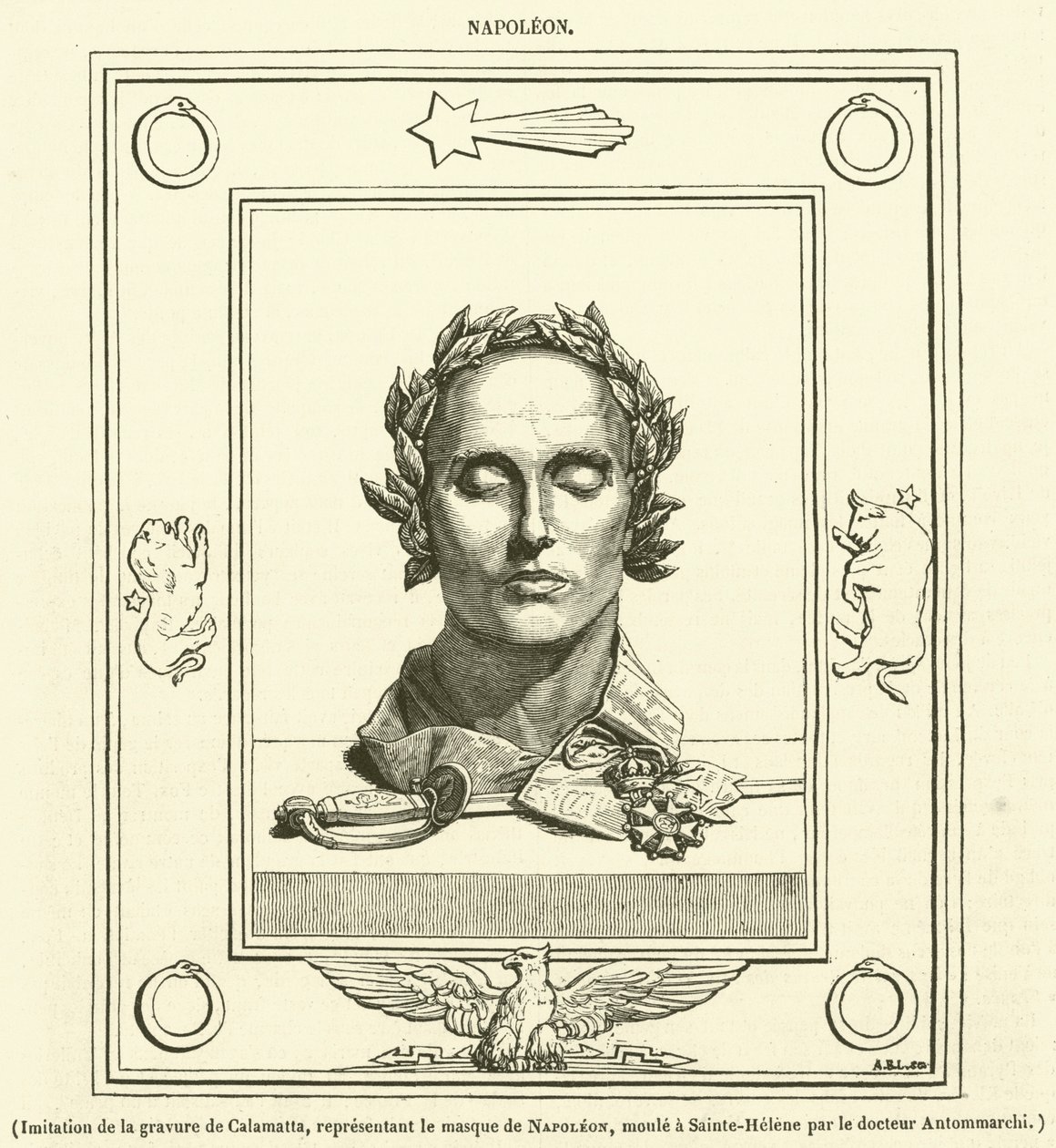 Calamatta Napóleon maszkjáról készült metszetének utánzata, amelyet Dr. Antommarchi Sainte-Helene-ben készített (metszet). alkotó: French School
