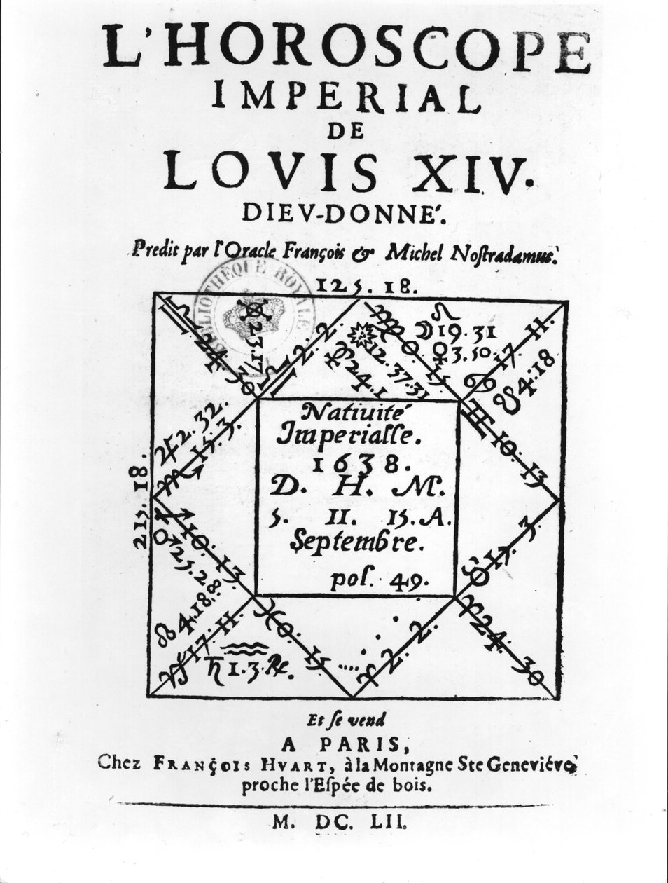 XIV. Lajos császári horoszkópja (1638-1715), Michel Nostradamus (1503-66) Francois Huart adta ki Párizsban 1652-ben alkotó: French School