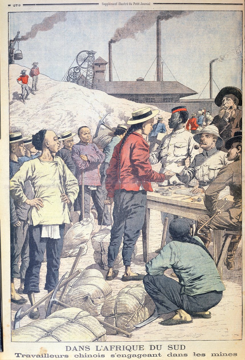 Kínai munkások importálása a dél-afrikai aranybányákba 1904-ben, illusztráció a Le Petit Journalból, 1904 alkotó: French School