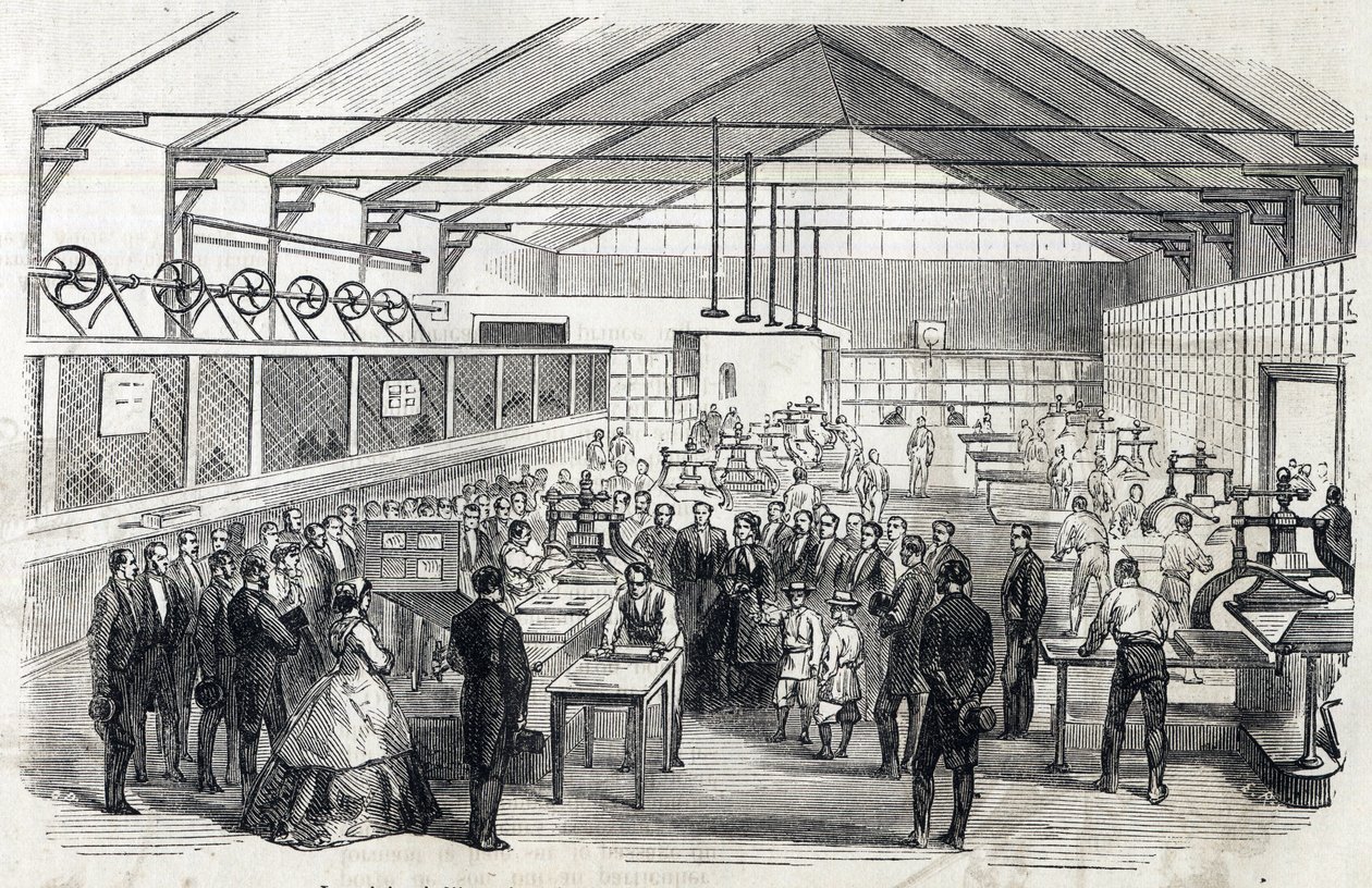 Impress Eugenie és a császári herceg látogatása a Banque de France-ban, 1866. június 23. - bankjegynyomtatás - metszet a Le MONDE Illustrousban DU 1866.07.07. alkotó: French School