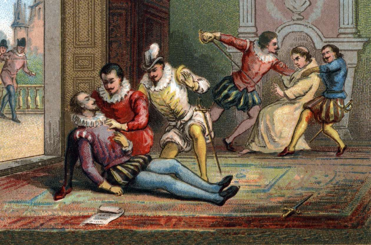 1589-ben Jacques Clement szerzetes szúrással meggyilkolta III. Henrik királyt, miután levelet olvasott fel. A király Navarrai Henrik karjaiban halt meg. Kromolitográfia 1890 körül. alkotó: French School