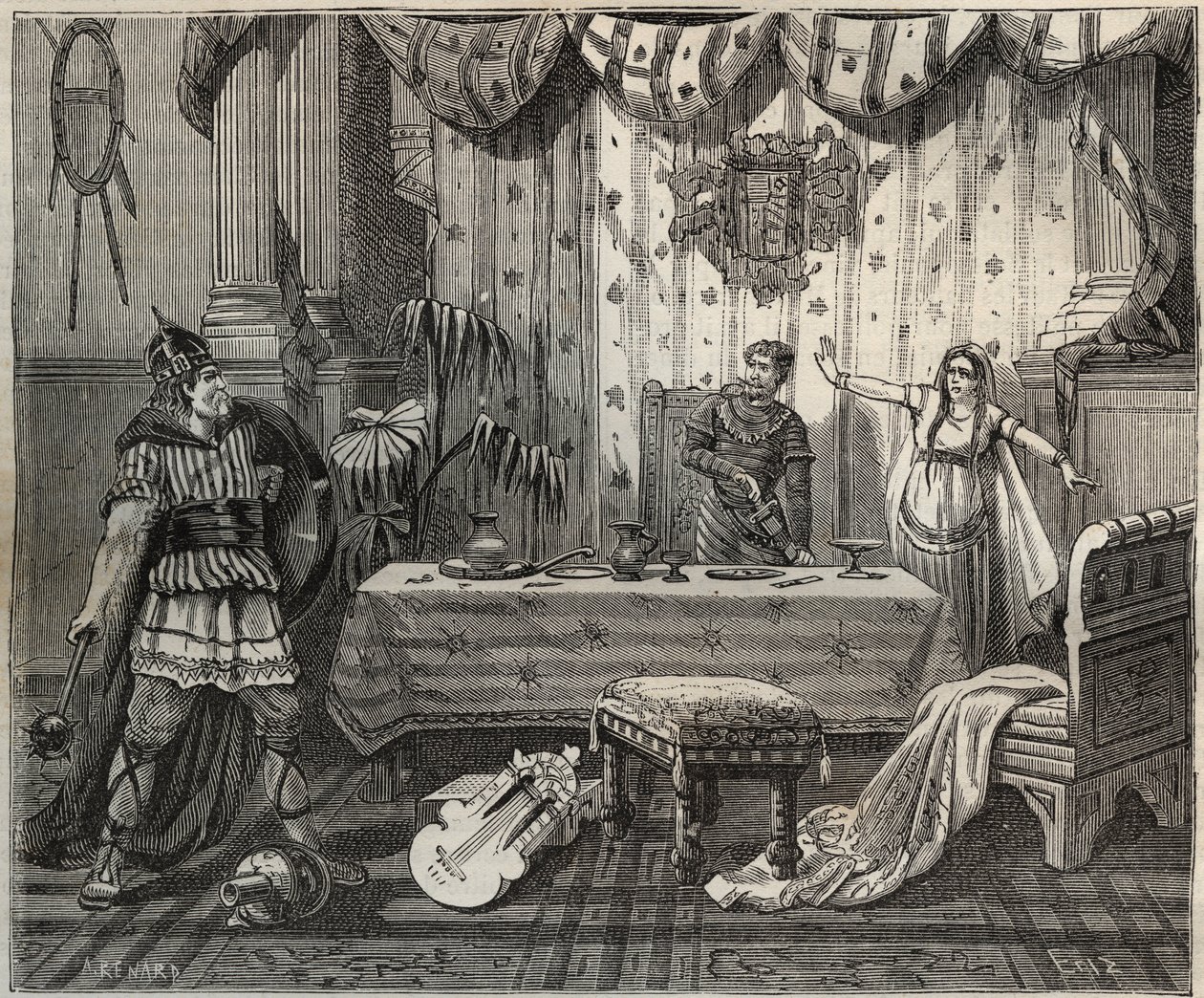 978-ban Lothaire (941-986), a frankok királya (Lothair) belépett II. Ottó, a Szent Birodalom (955-983) és felesége Theophano vagy Theophanu vagy Theophania Skleraina (655-991) aacheni palotájába, de a császári család el tudta foglalni. illusztráció i alkotó: French School