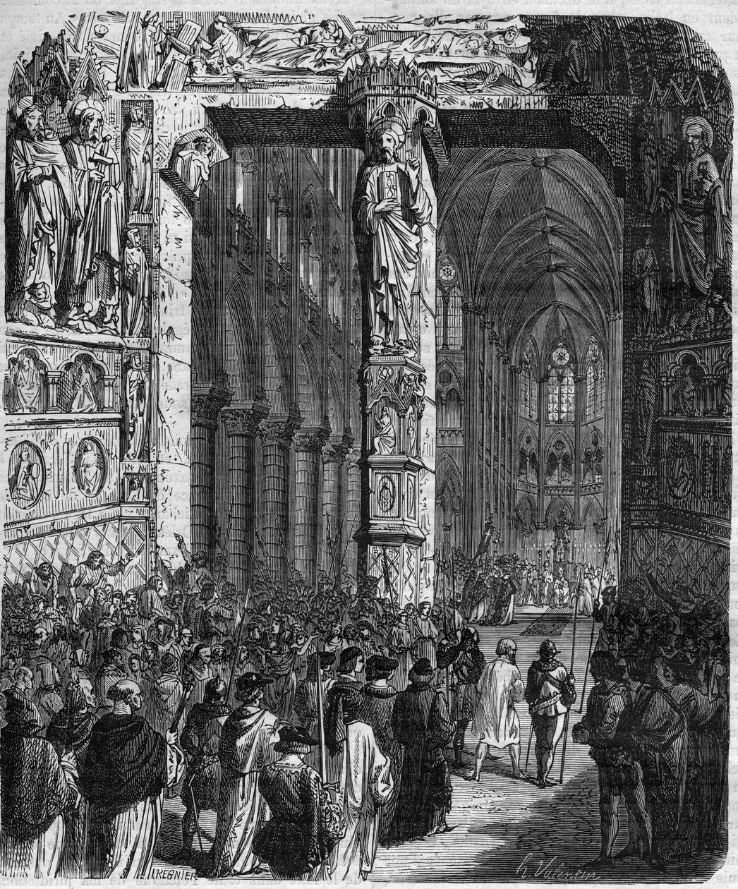 Canossában IV. Henrik, a Római Birodalom császára (1050-1106) bűnbánó ruhában VII. Gergely pápa (Hildebrand: 1015/20-1085) bocsánatáért könyörög, és tiszteletre méltó jóvátételt tesz. A királyné király és a császárok bűnei az évszázadok során” – Mauri alkotó: French School