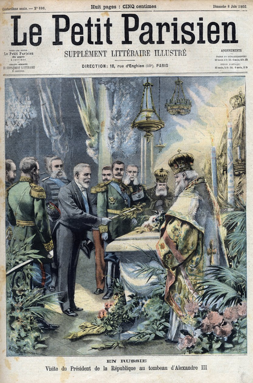 Oroszországban: Emile Loubet elnök (1838-1929) látogatása III. Sándor (1845-1894), oroszországi császár sírjánál a „Le petit Parisien”-ben. alkotó: French School