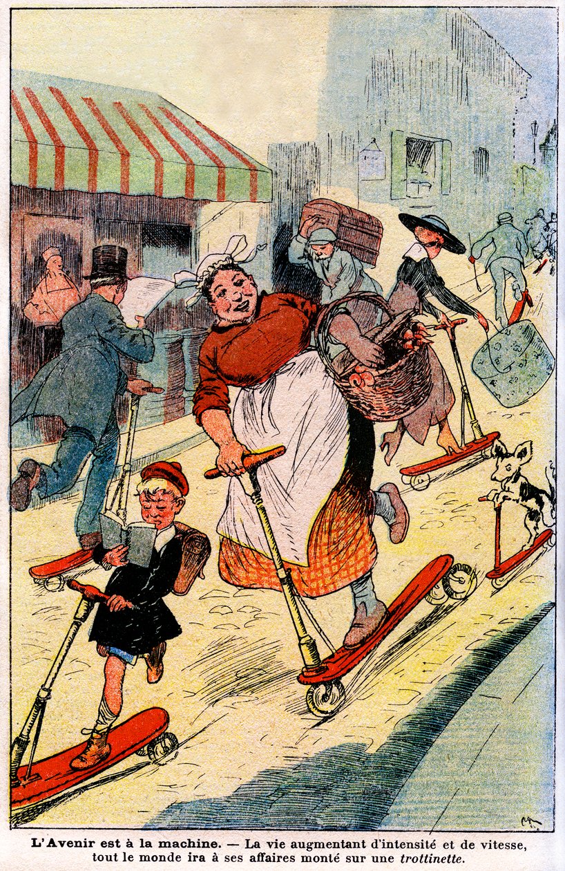 A jövőben az élet egyre intenzitása és sebessége, mindenki megy a dolgára kap egy robogóra. 1919 (metszet) alkotó: French School