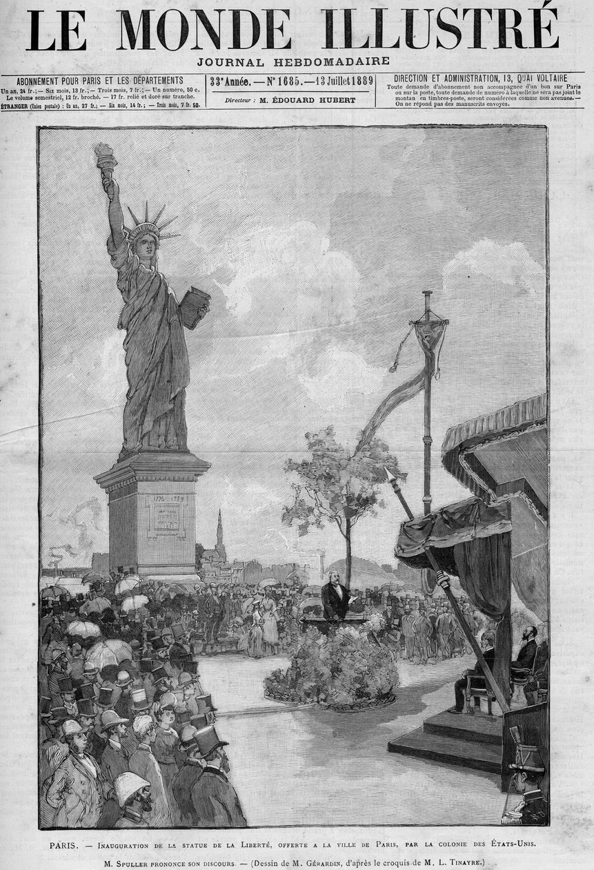 A Szabadság-szobor felavatása Párizsban, 1889. július 4.: Eugene Spuller (1835-1896), francia külügyminiszter beszéde. A szobrot az amerikai közösség ajánlotta fel Párizs városának a századik évforduló alkalmából alkotó: French School