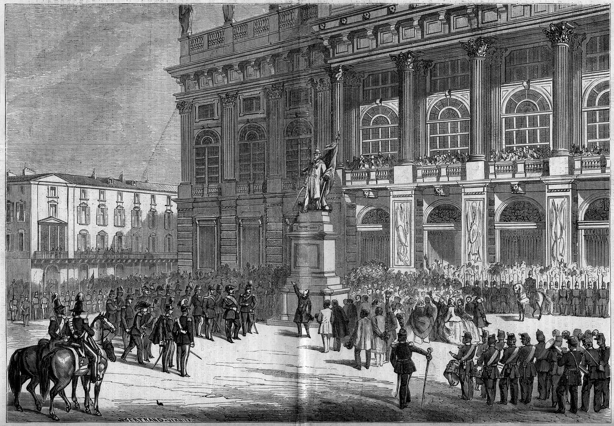 Vincenzo Vela (1820-1891) szardíniai emlékművének felavatása a torinói Chateau téren 1859. április 10-én. A szobor mögött található a „Palazzo Madama”. Mr. Ferry vázlatai alapján. Metszet a „” Le Monde Illustré”” 106. számban, április 23. 18. alkotó: French School