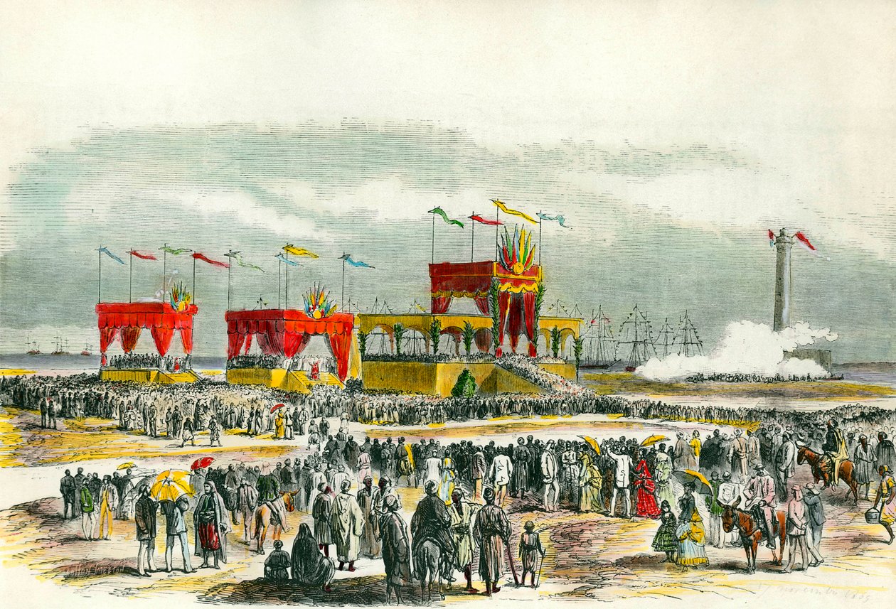 A Szuezi-csatorna felavatása Egyiptomban 1869-ben: Port Saidban énekel a „Te deum”. A csatornát a Vörös-tenger és a Földközi-tenger összekötésére hozták létre. alkotó: French School