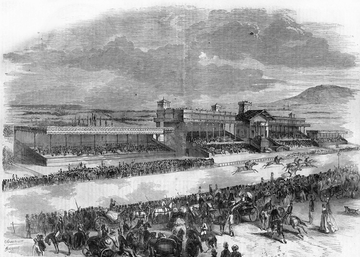 A lóversenyek felavatása a Bois de Boulogne-ban 1857-ben. alkotó: French School