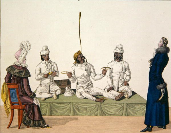 Indiai zsonglőrök egyensúlyozást végrehajtó, 87. lemez a „le Bon Genre”-ből, 1810 körül (színes metszet) alkotó: French School