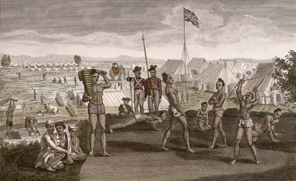 Indiai harcosok gyakorlatozó kilátással az angol rezidensek táborára, 1810 körül alkotó: French School