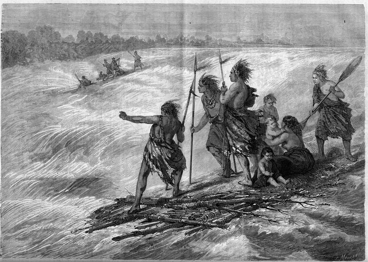 Kanadai indiánok egymáshoz tapadt faágakon állva, leereszkednek a Long Sault Rapids-on a St. Lawrence folyón alkotó: French School