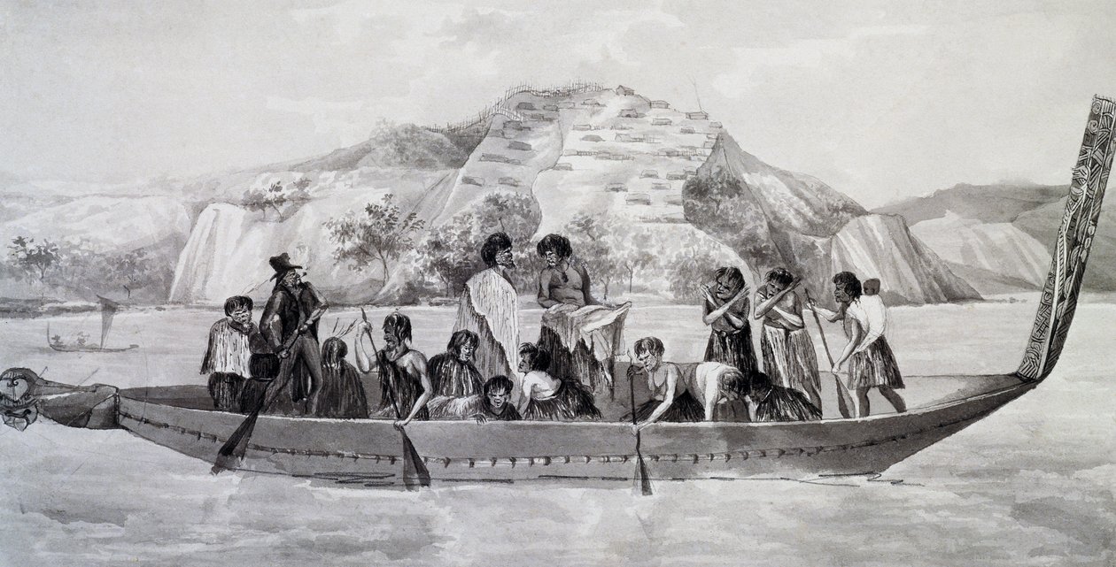 Új-zélandi bennszülöttek a pirogue-on, megerősített faluval a háttérben, április 10 alkotó: French School