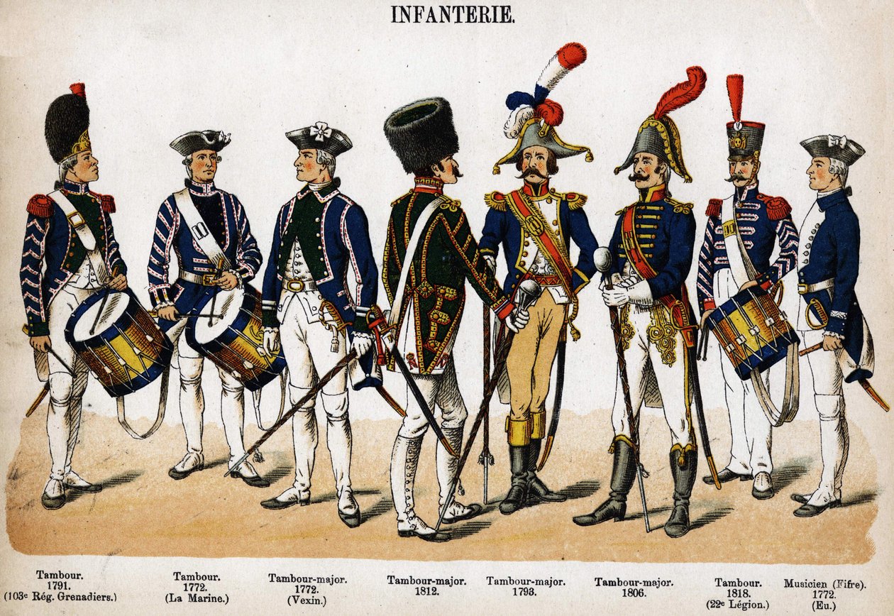 Gyalogság: dob, dob őrnagy és zenész 1772-től 1818-ig. Lemez Lienhart és Humbert Les Uniforms de l