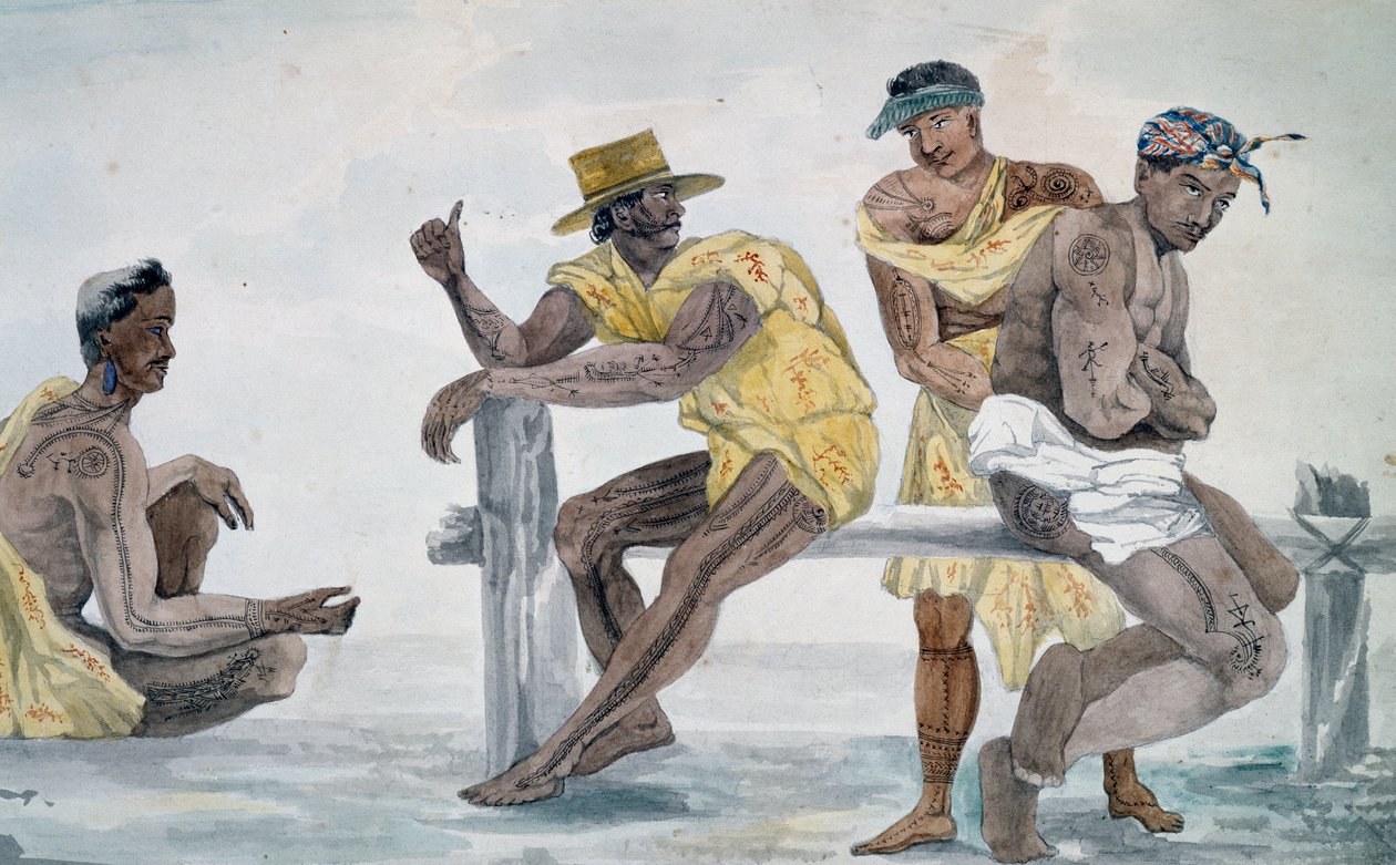 Tahiti lakói, Társadalom-szigetek, Jules-Louis Lejeune akvarellje, az Utazás a világ körül című film alapján alkotó: French School
