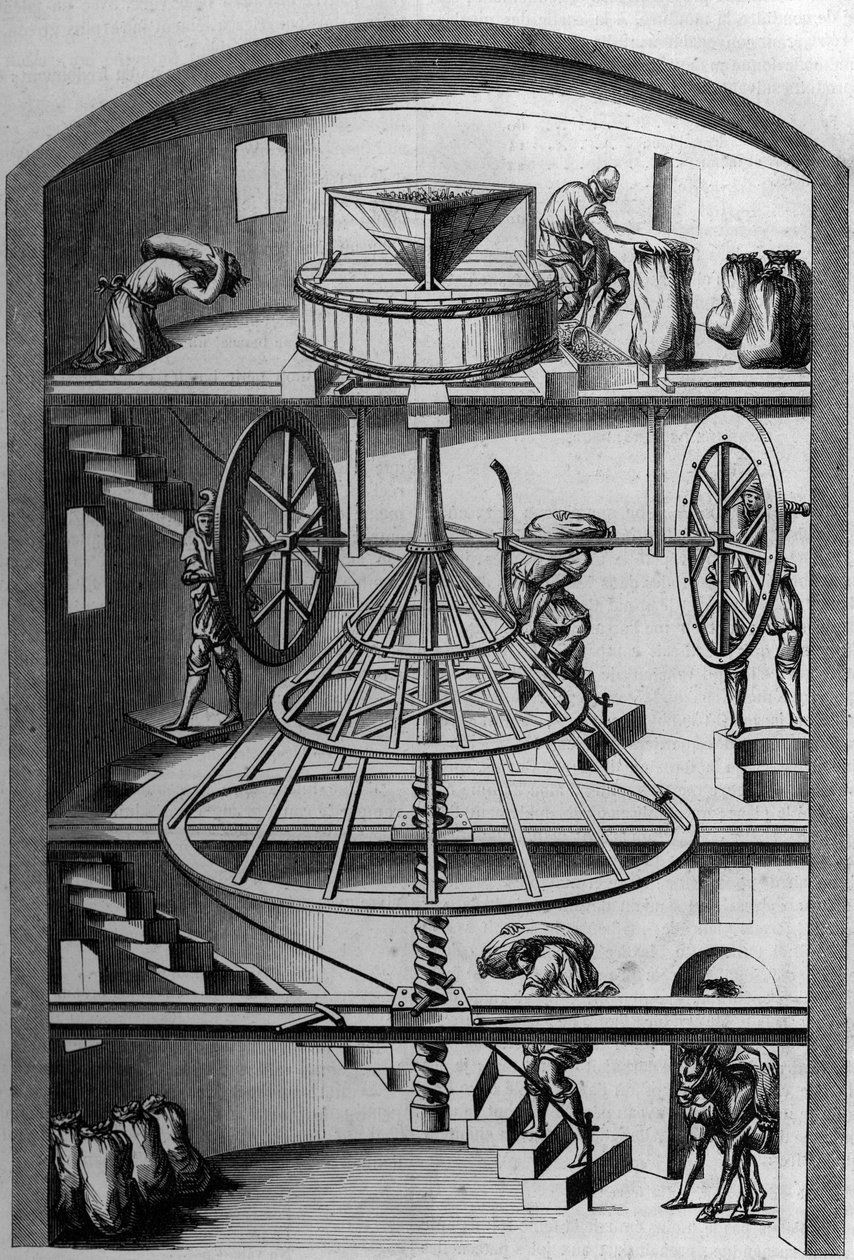 16. századi malom belső képe; Androuet du Cerceau metszete a „Le Magasin festői”-ben alkotó: French School