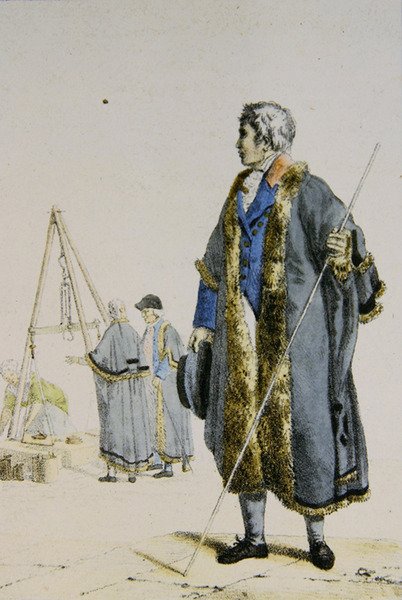 Súly- és Mértékellenőr Lengyelországban, 1817 körül (színes metszet) alkotó: French School
