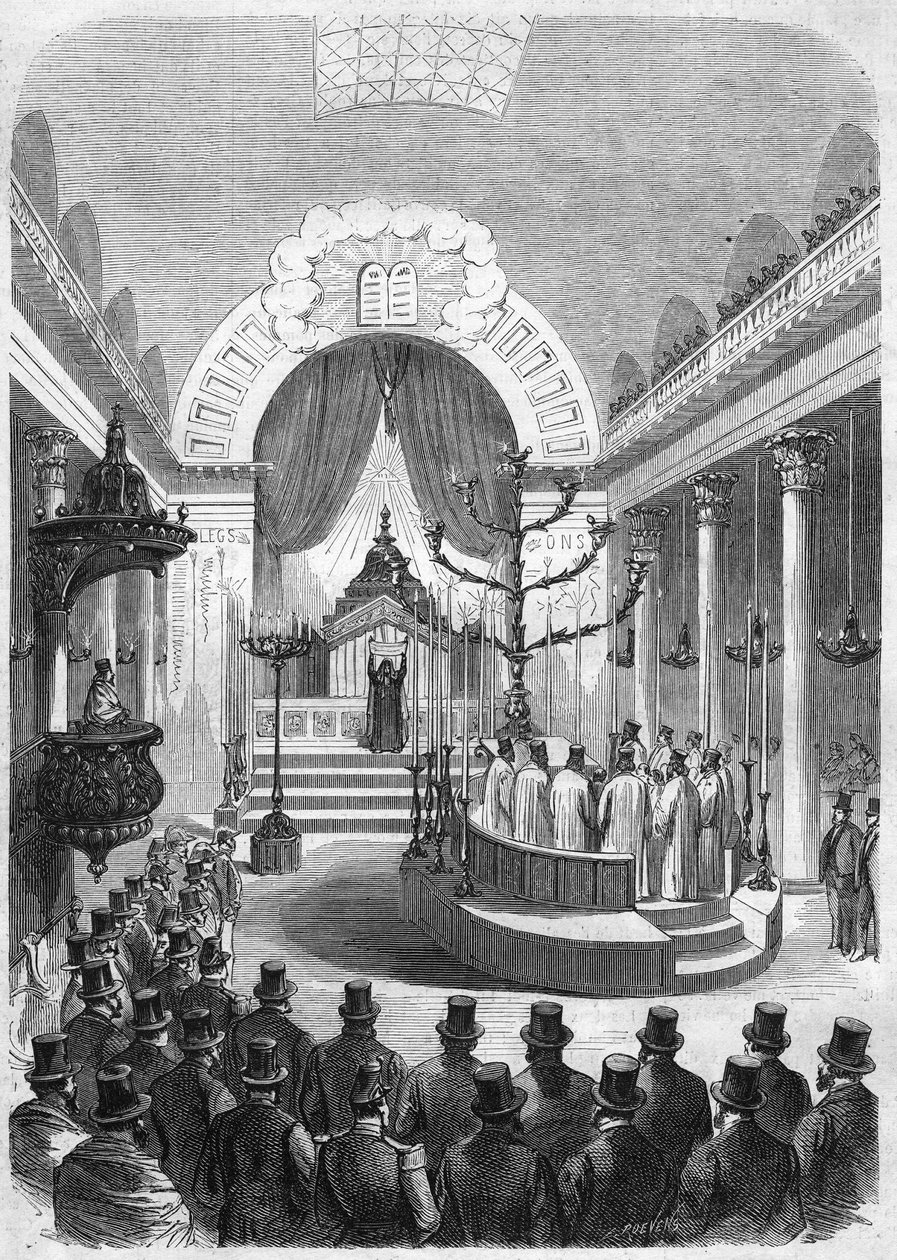 A bordeaux-i hadköteles főrabbi beiktatása a város zsinagógájában 1864-ben. Metszet Duffet úr vázlatáról. alkotó: French School