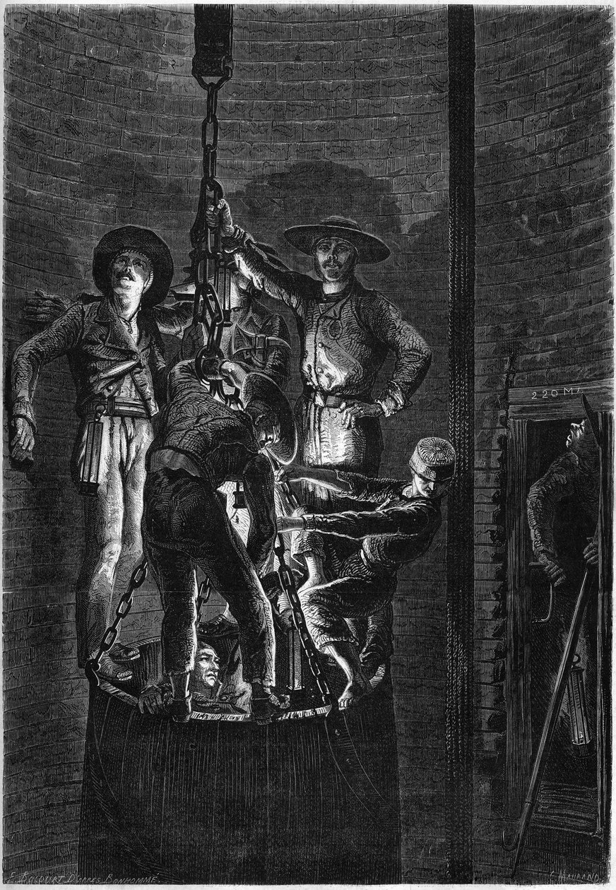 Szénbánya kút belső megjelenése: a szeméttároló felemelkedése. 1861. Metszet a „” Le Monde Illustré”” 238. számában, november 2. alkotó: French School