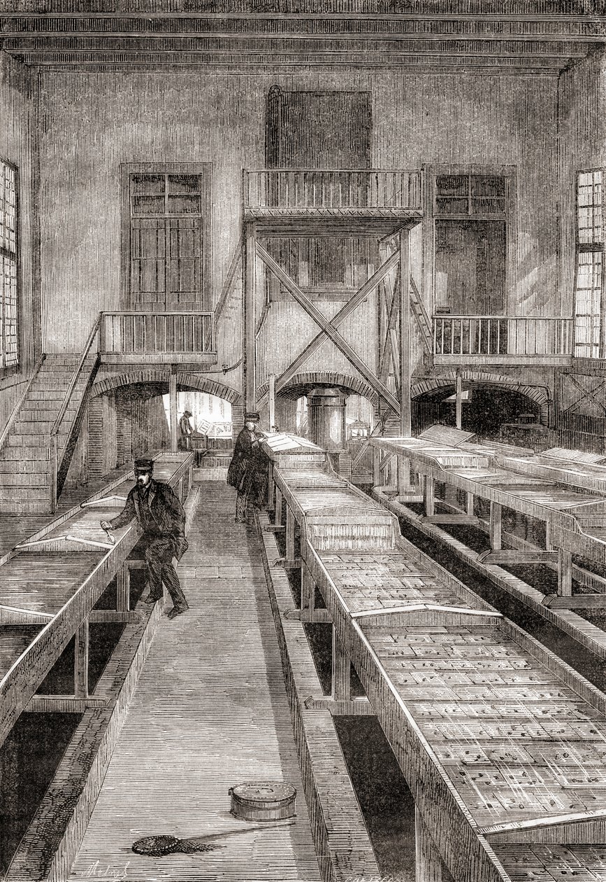 Egy 19. századi halgazdaság belseje a franciaországi Huningue-ben, a Les Merveilles de la Science-ből, 1870 körül megjelent (metszet) alkotó: French School