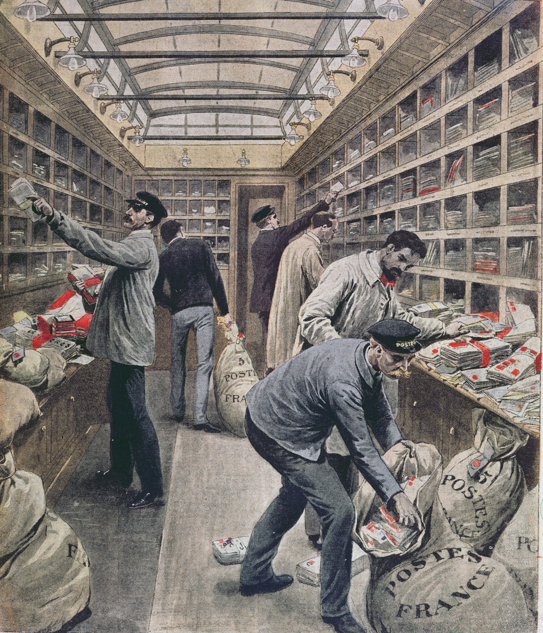 Egy francia vasúti postakocsi belseje az 1909-es francia postai sztrájk idején, illusztráció a Le Petit Journalból, 1909. március 28. alkotó: French School